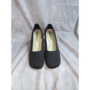VTG Fashion Bug Black Embroidered Block Heel Pumps Square Toe 90s Y2K Goth Sz 8